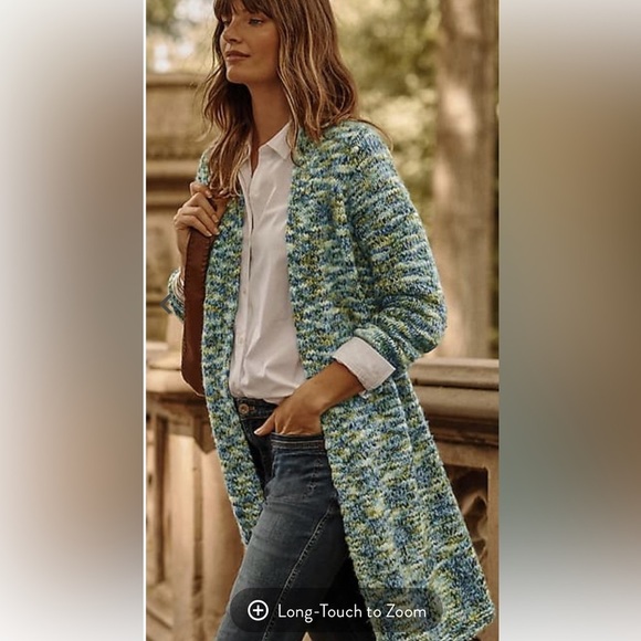 J. Jill Clarendon, Light Blues and Greens Cozy Knit Open Front Long Cardigan - Picture 1 of 16